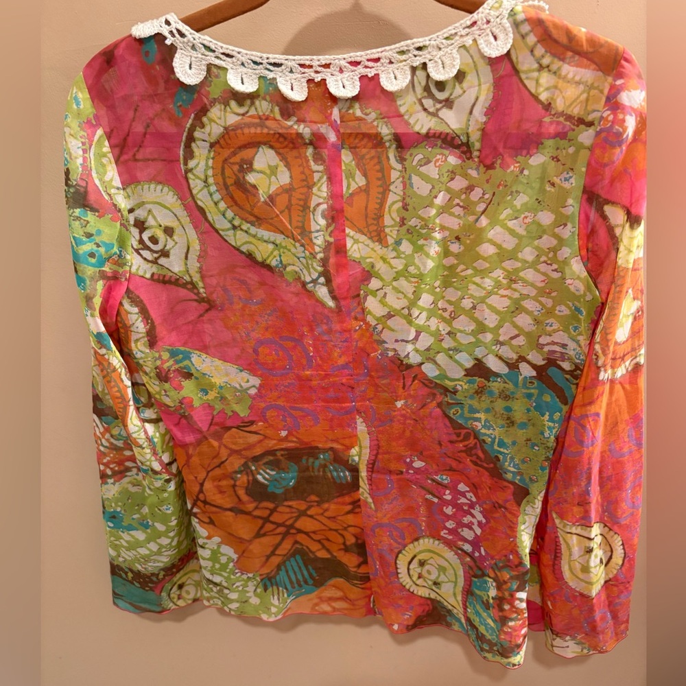Vintage Trina Turk Sheer Paisley Blouse With Crochet/Pearl Neckline Women’s Sml - Picture 8 of 13